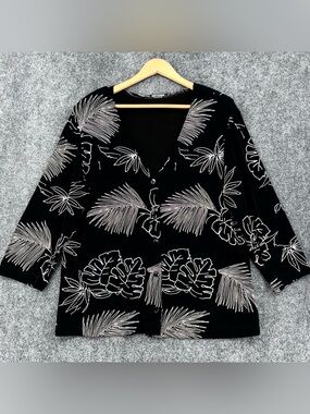 Softwear By Mark Singer Black Liquid Knit Slinky Button Up Top Etched Leaf AOP L